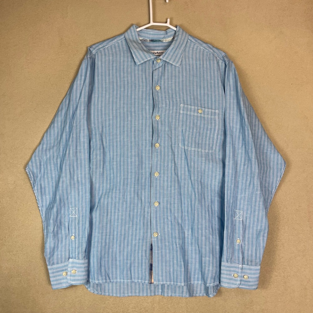 Tommy Bahama Mens Linen Tencel‎ Striped Button Up Shirt XL Blue White